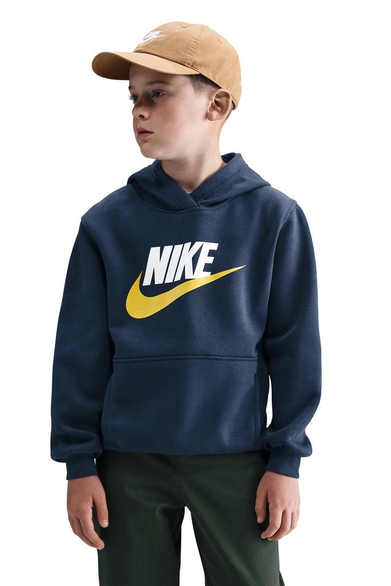 Kids' Sportswear Club Fleece Hoodie, Main, color, MIDNIGHT NAVY/ BRIGHT CITRON