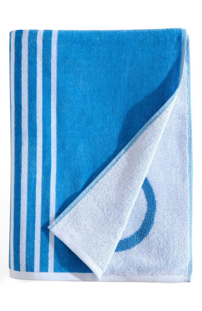 Calvin Klein Pinstripe Logo Beach Towel, Main, color, Jasper Blue/White