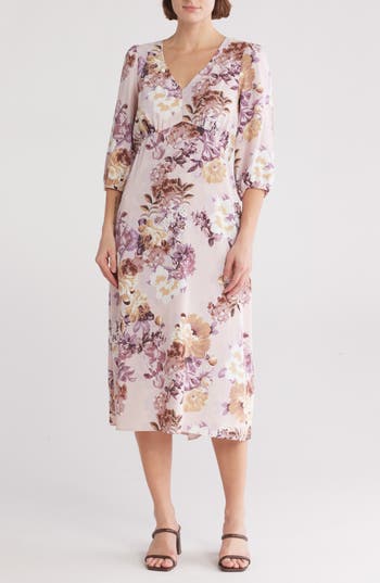 Connected Apparel Balloon Sleeve Midi Dress In Mauve