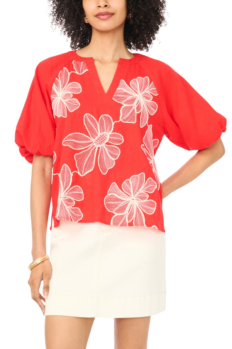 Puff Sleeve Floral Print Peasant Top, Main, color, LOBSTER RED