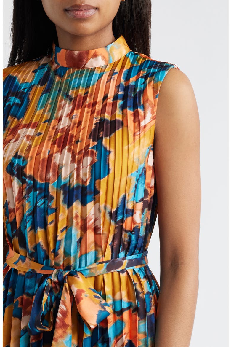 Abstract Print Pleated Belted Dress, Alternate, color, RUST/ TEAL