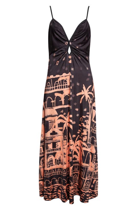 Nuestra Tierra Landscape Print Cutout Shiny Jersey Dress