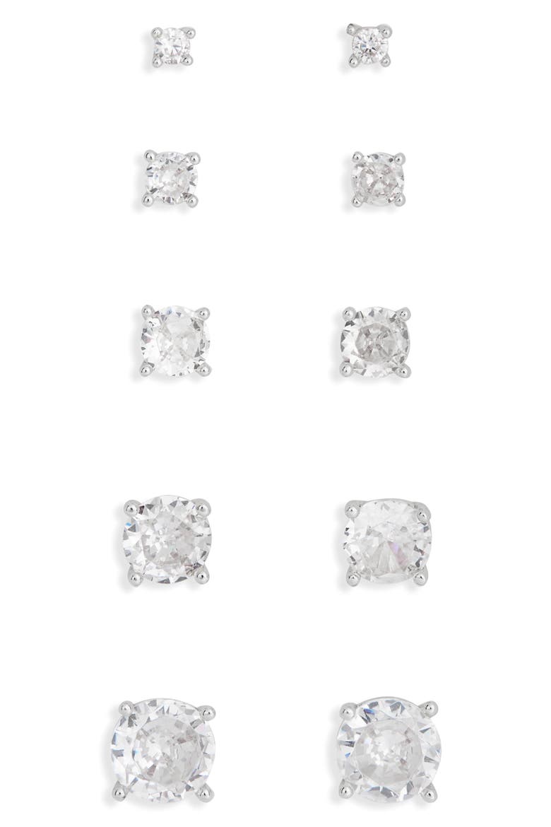 Assorted 5-Pack Cubic Zirconia Round Stud Earrings, Main, color, CLEAR- SILVER