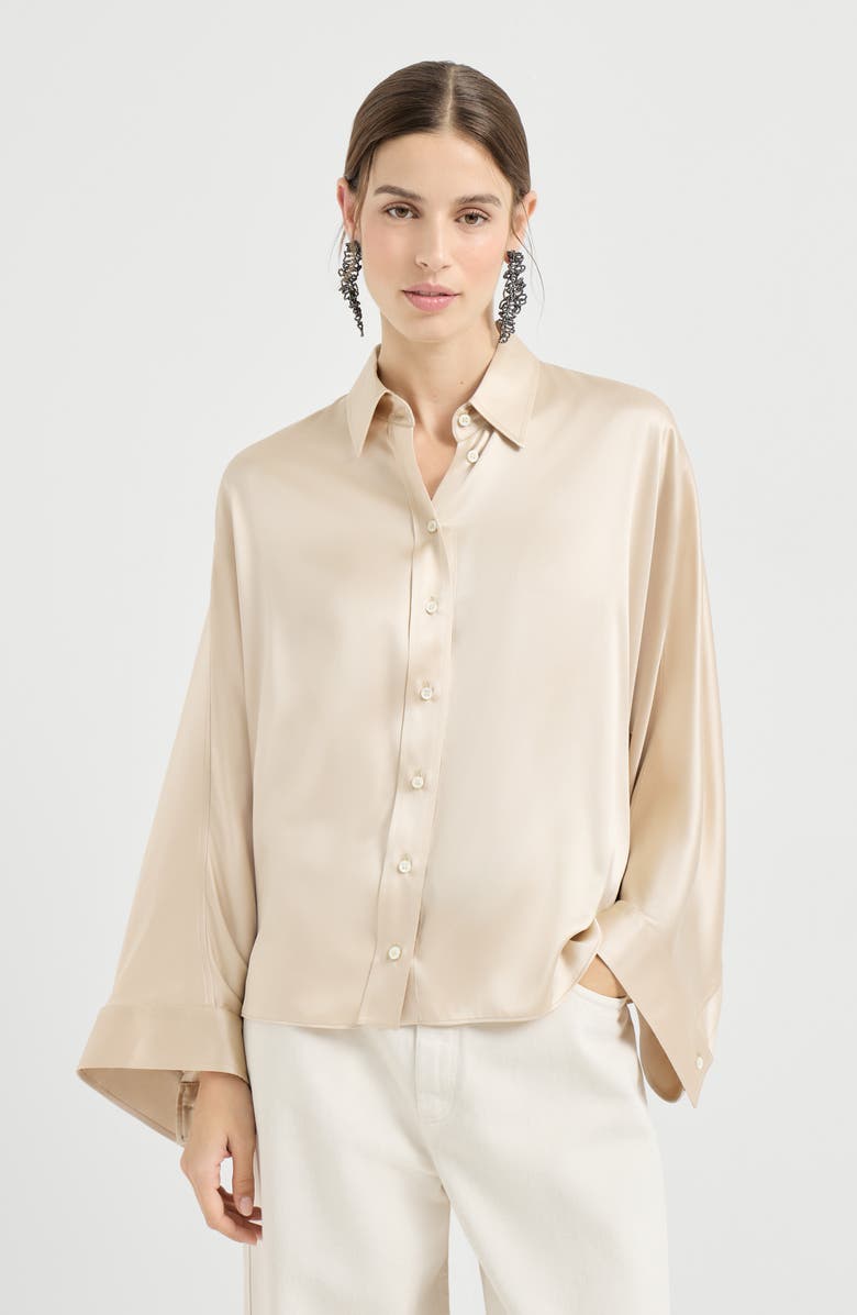 Brunello Cucinelli Stretch silk satin shirt, Alternate, color, Sand