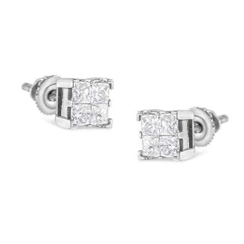 10K White Gold 3/4 Ct Invisible Princess Composite Square Stud Earrings