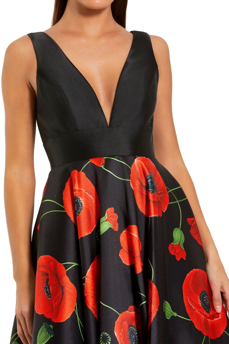 Plunge Neck Ballgown With Floral Mikado Skirt, Alternate, color, Black
