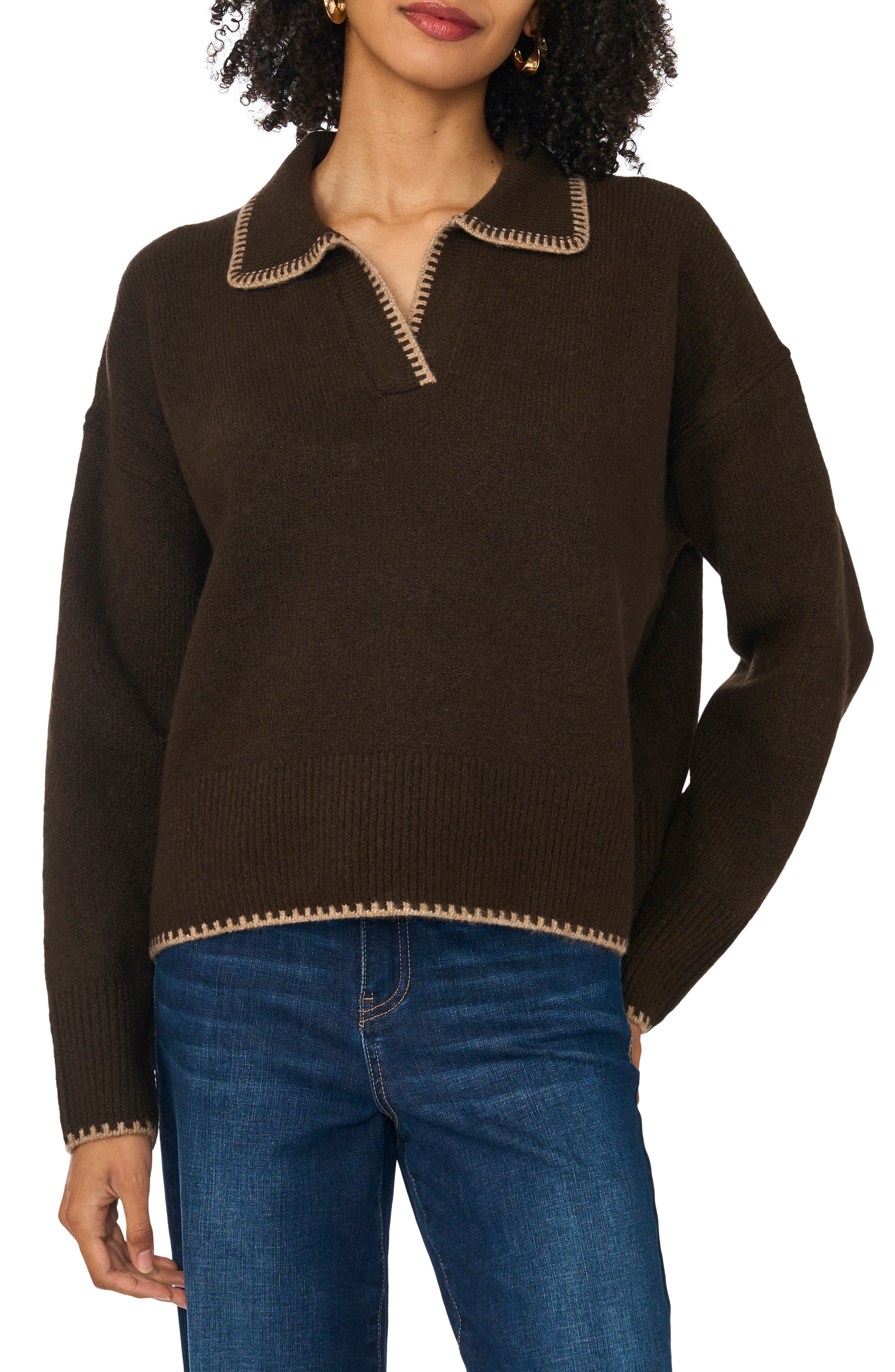 Stitch Trim Johnny Collar Sweater