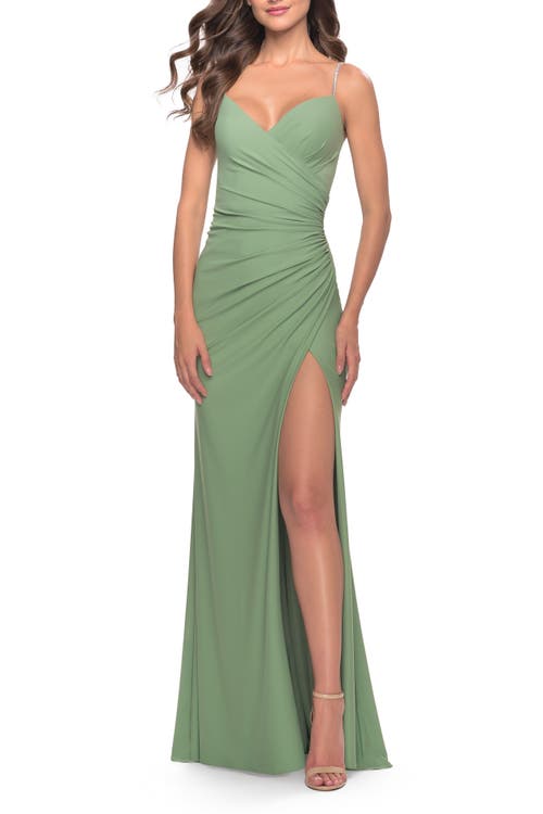 La Femme Long Ruched Jersey Gown With V-neckline