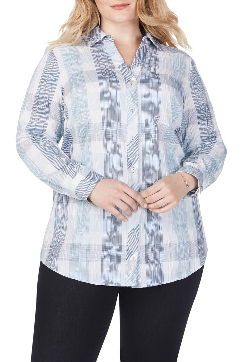 Crinkled Buffalo Check Tunic Shirt, Main, color, BLUE JEAN