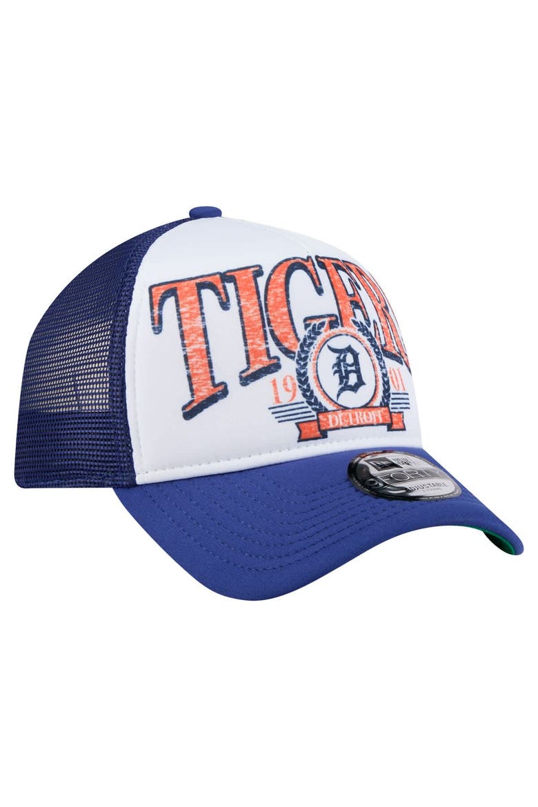 Men's New Era White/Navy Detroit Tigers Distressed 9FORTY A-Frame Adjustable Trucker Hat, Alternate, color, White