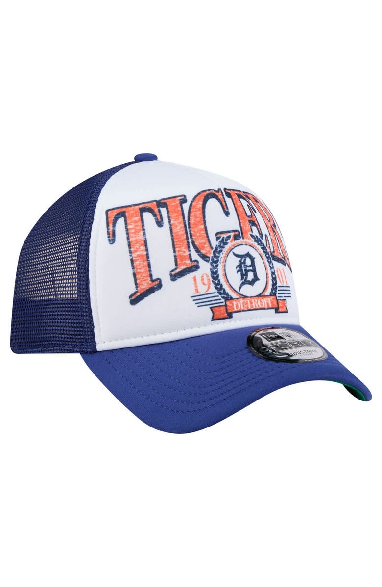 New Era Men's New Era White/Navy Detroit Tigers Distressed 9FORTY A-Frame Adjustable Trucker Hat, Alternate, color, White