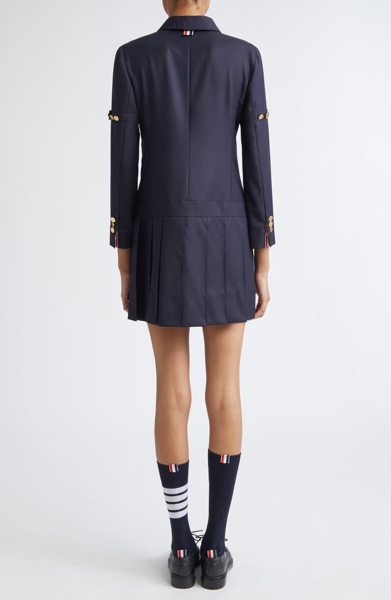 Thom Browne Long Sleeve Pleated Wool Blazer Dress, Alternate, color, Navy