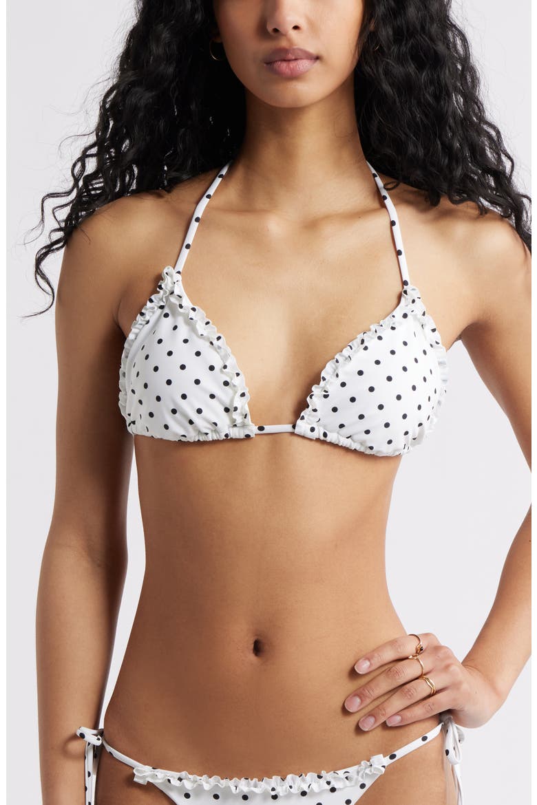 Polka Dot Ruffle Triangle Bikini Top, Main, color, WHITE- BLACK DOTS A LOT