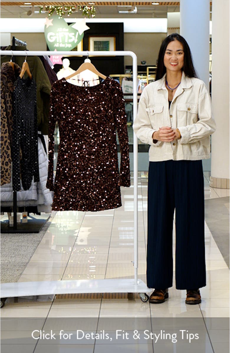 Sequin Cowl Back Long Sleeve Minidress, sales video thumbnail