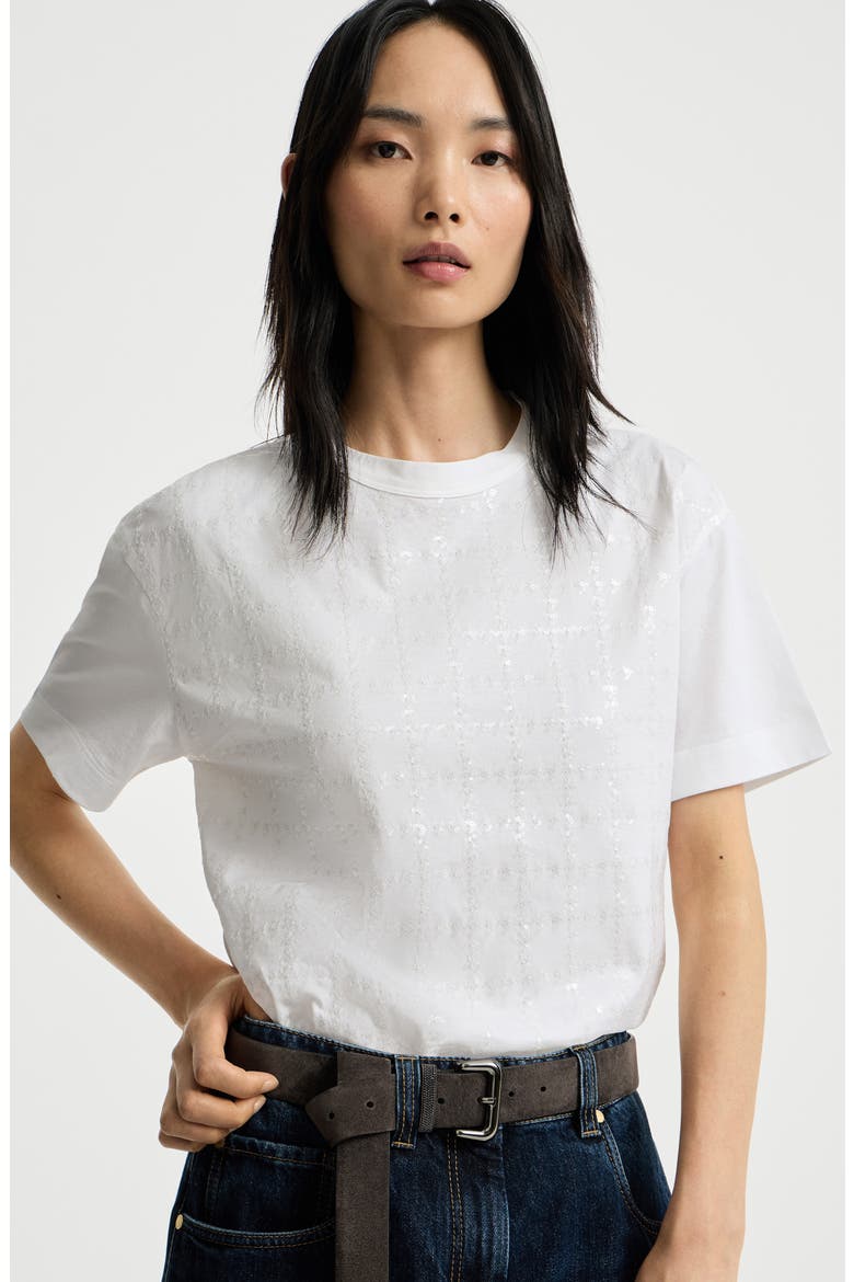 Cotton jersey T-shirt with dazzling windowpane embroidery, Alternate, color, White