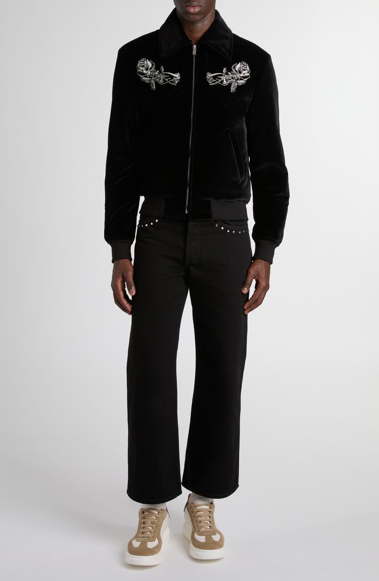 McQueen Soho Embroidered Velveteen Bomber Jacket, Main, color, Black