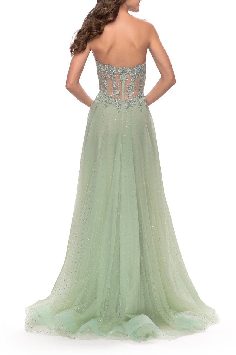 Rhinestone Tulle Gown with Sheer Lace Bodice, Alternate, color, Sage