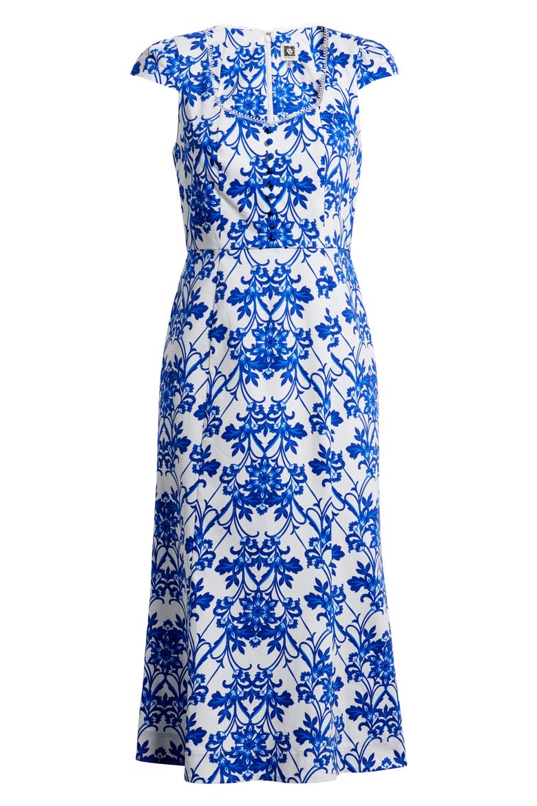 Floral Print Cap Sleeve Midi Dress, Alternate, color, PALACE BLUE/ PEARL WHIT
