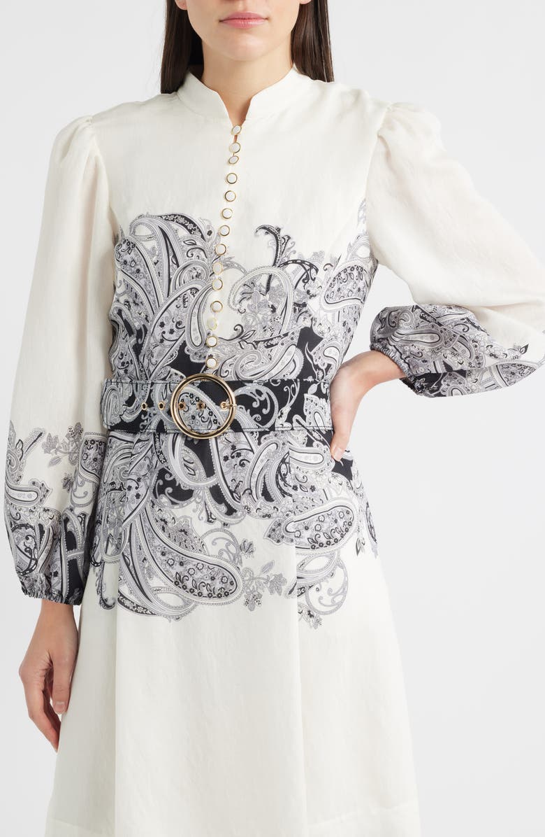 Tahari ASL Border Print Belted Long Sleeve Dress, Alternate, color, Ivory Fern