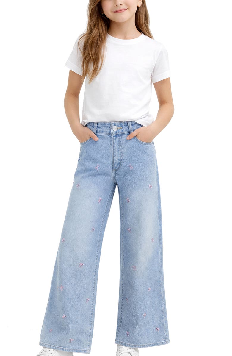 Zunie Kids' Bow Embroidered Wide Leg Jeans, Alternate, color, Light Vintage Blue