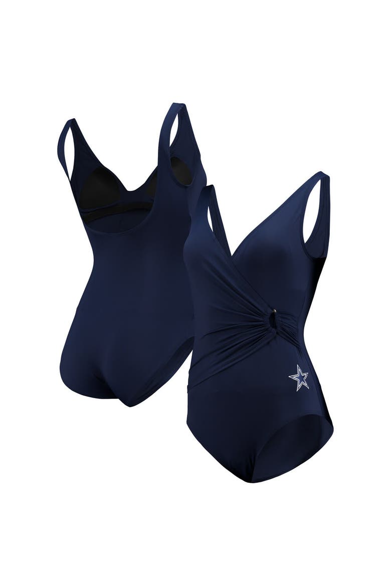 Women's Tommy Bahama Navy Dallas Cowboys Pearl Clara Wrap One-Piece Swimsuit, Main, color, Navy