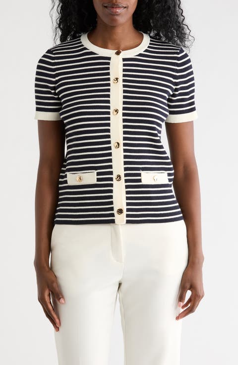Stripe Short Sleeve Crop Cardigan
