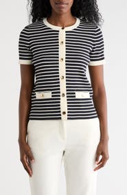 T Tahari Stripe Short Sleeve Crop Cardigan
