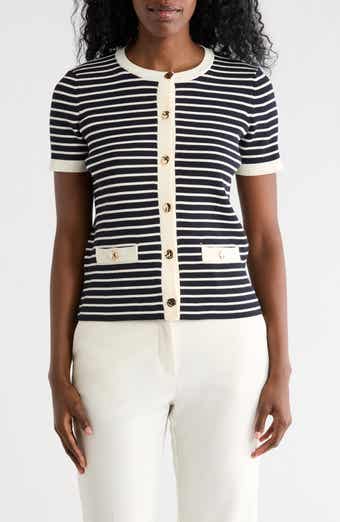 T Tahari Stripe Short Sleeve Crop Cardigan