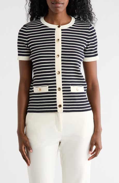 T Tahari Stripe Short Sleeve Crop Cardigan