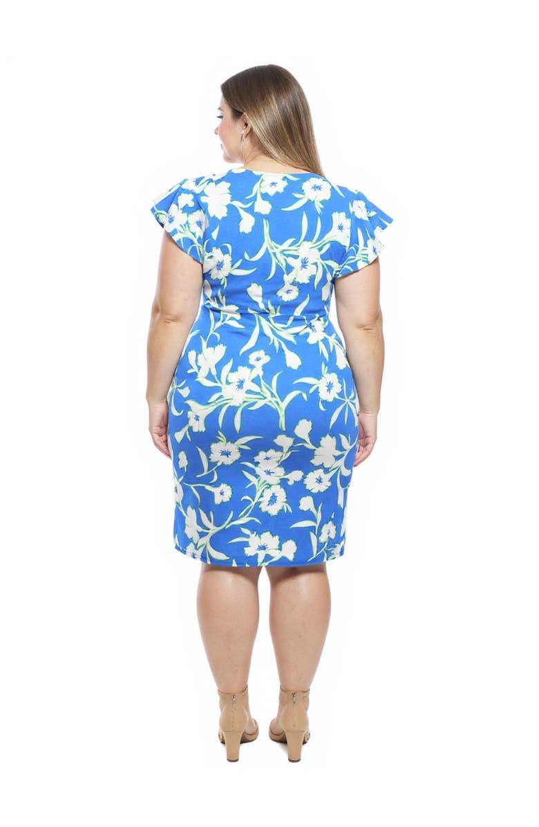 24seven Comfort Apparel Curvy Essential Floral Flutter Sleeve Faux Wrap Knee Length Dress, Alternate, color, Blue Multi