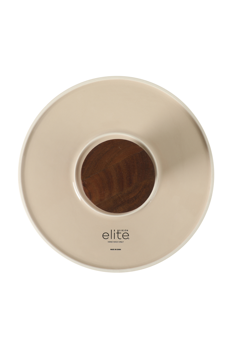Gracious Dining Round Stoneware Cake Stand with Acacia Wood Base, Alternate, color, Taupe