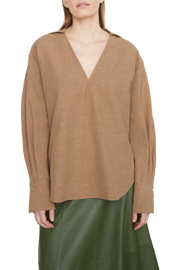 Vince Shaped-collar V-neck Popover Top In Sandshell
