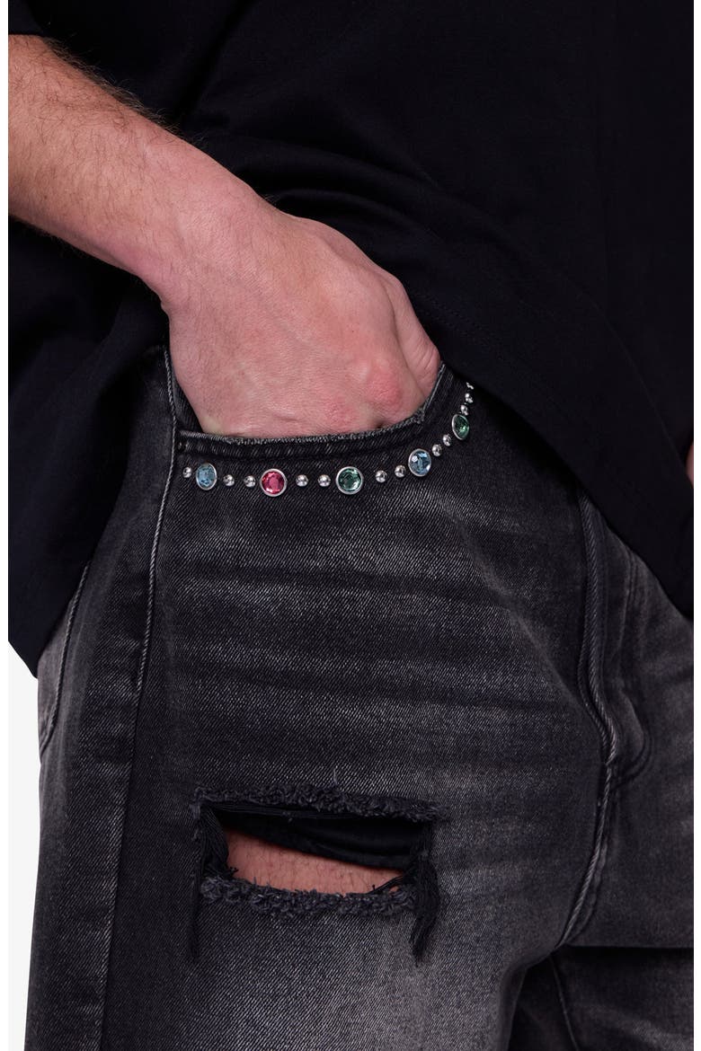Distressed Spider Denim Shorts, Alternate, color, WASHED BLACK