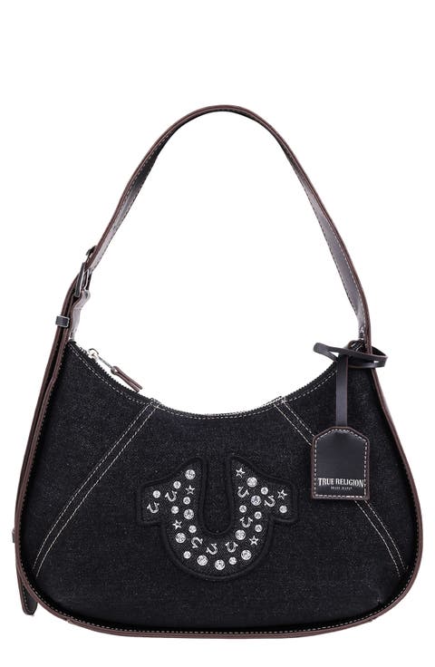 Studded Logo Denim Shoulder Bag