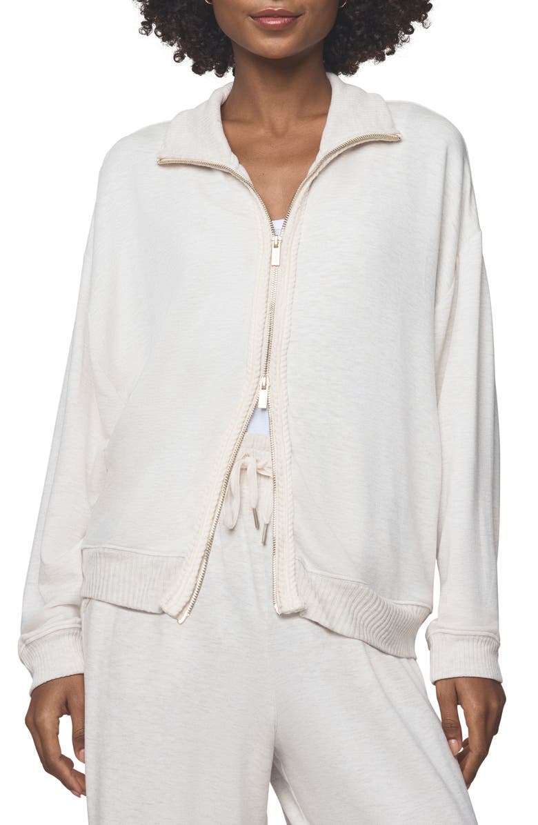 Splendid Supersoft Trim Detail Zip-Up Sweatshirt, Main, color, Pale Oak White Heather