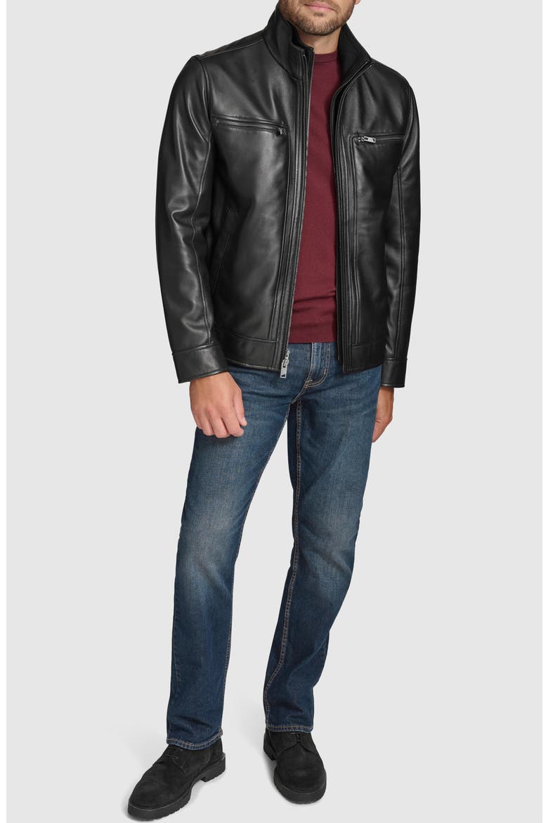 Leather Moto Jacket with Attached Bib, Alternate, color, BLACK