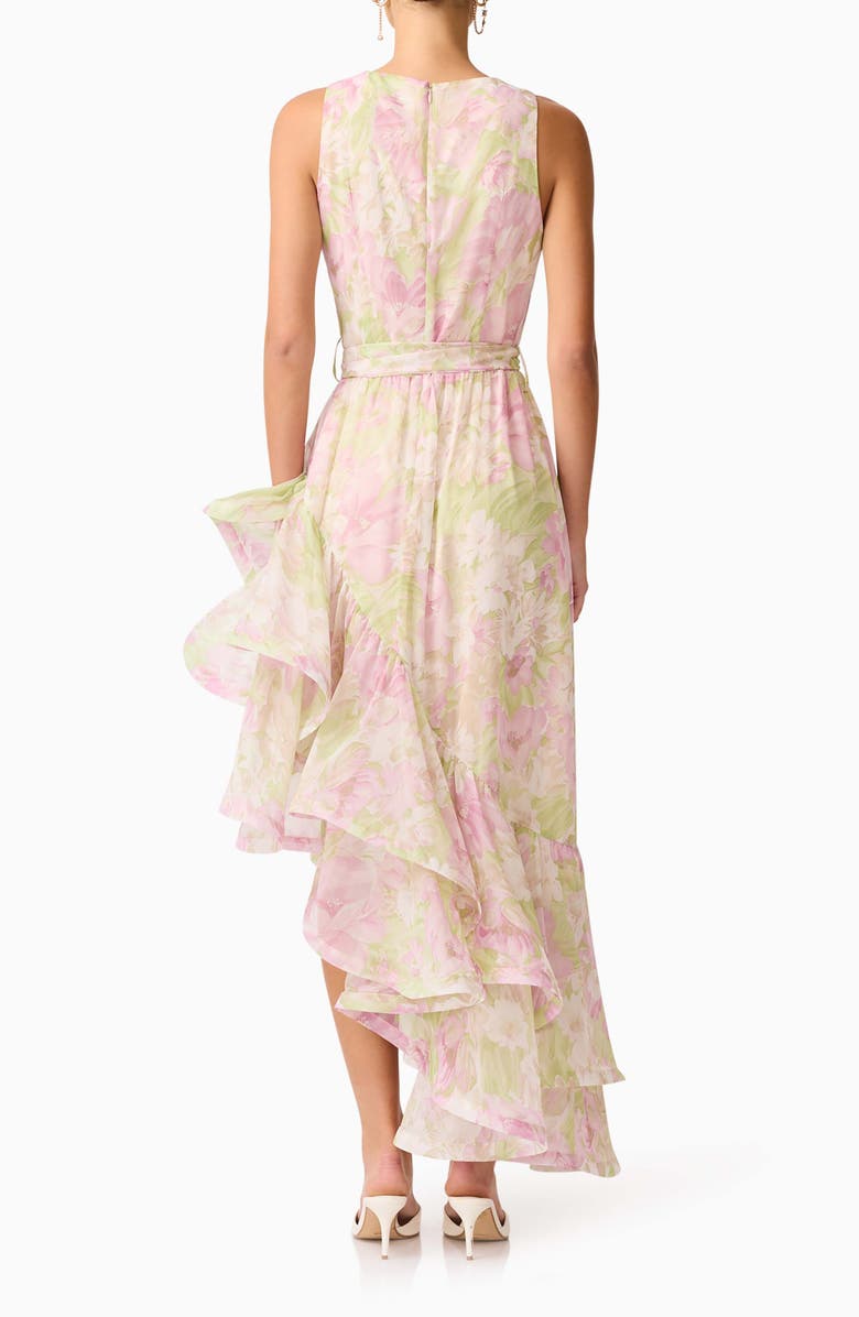 Elliatt Lacinda Ruffle Tie Waist Asymmetric Gown, Alternate, color, Ivory Multi