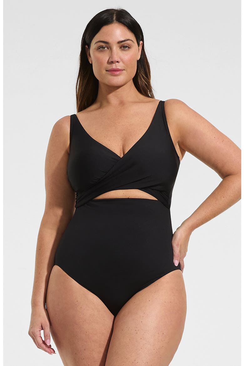 Plus Size Wrap Monokini High Leg One Piece Swimsuit, Main, color, Black