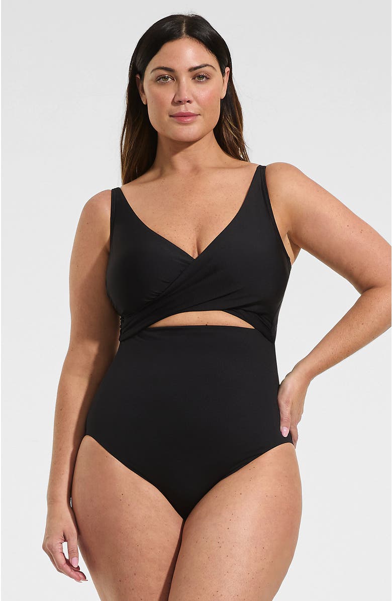 Lands' End Wrap Monokini High Leg One Piece Swimsuit, Main, color, Black
