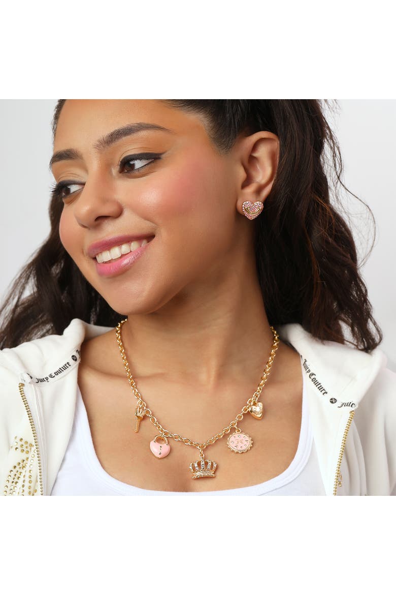 Gold-Tone Crystal Charm Necklace, Alternate, color, gold, pink