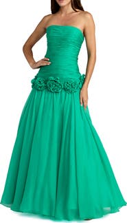 Mac Duggal Strapless Chiffon Drop Waist Ball Gown with Floral Appliqué