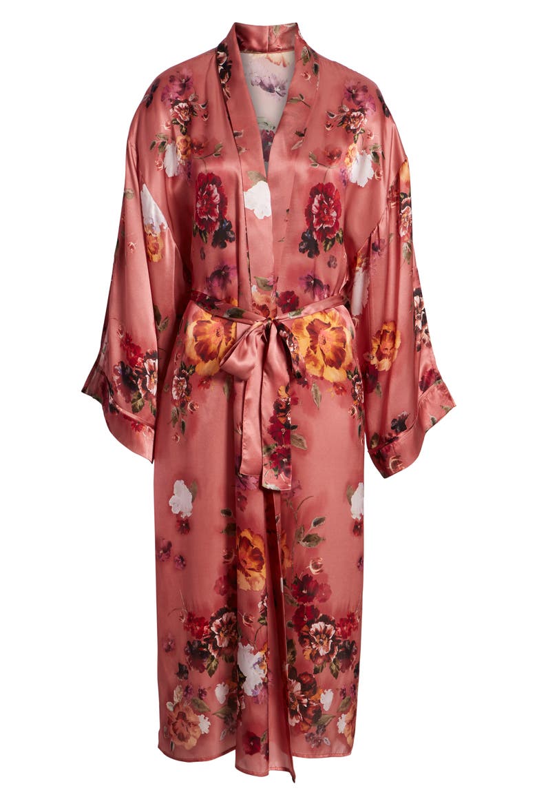 Print Long Silk Kimono, Alternate, color, PINK AUTUMN BOUQUET