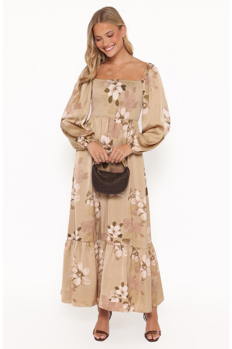 Kindra Floral Smocked Tiered Maxi Dress, Alternate, color, BROWN FLORAL