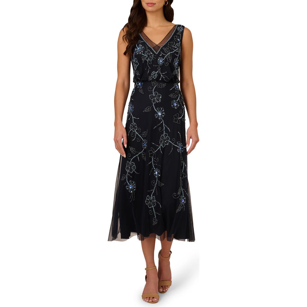 Shop Adrianna Papell Beaded Sleeveless Midi Dress In Midnight Multi