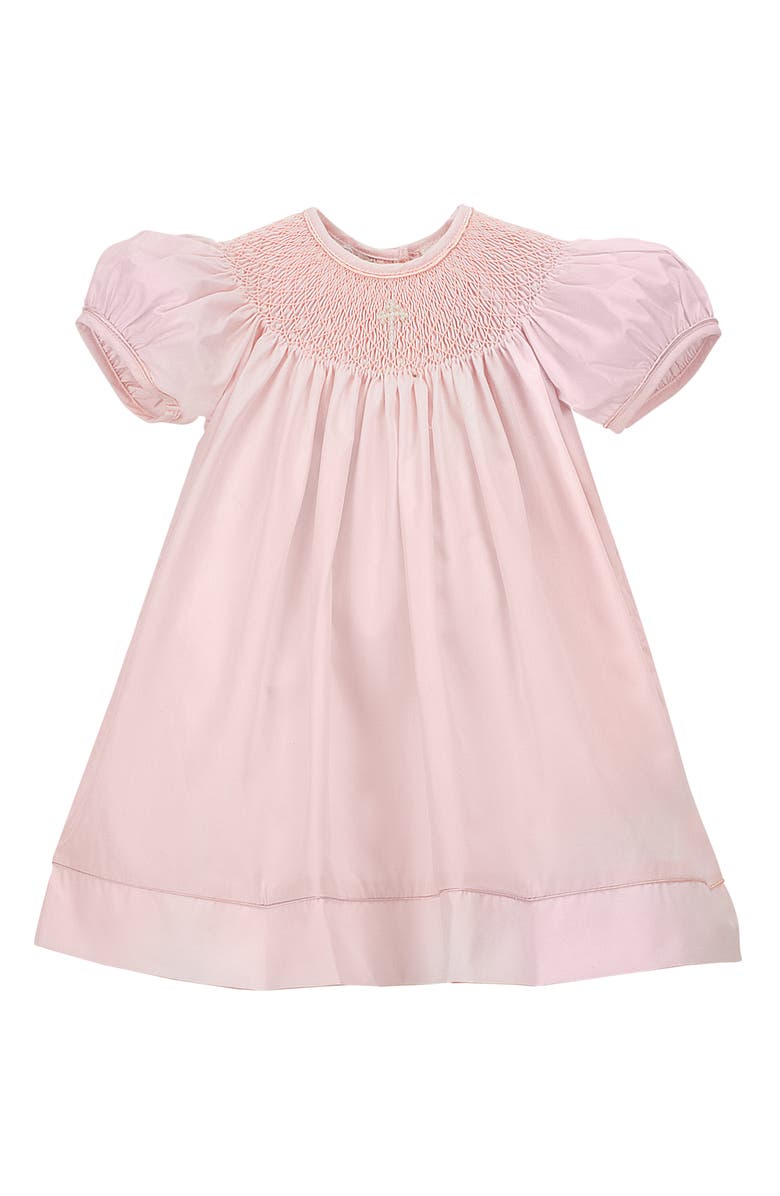 Carriage Boutique Imitation Pearl Cross Christening Gown & Bonnet Set, Alternate, color, Pink