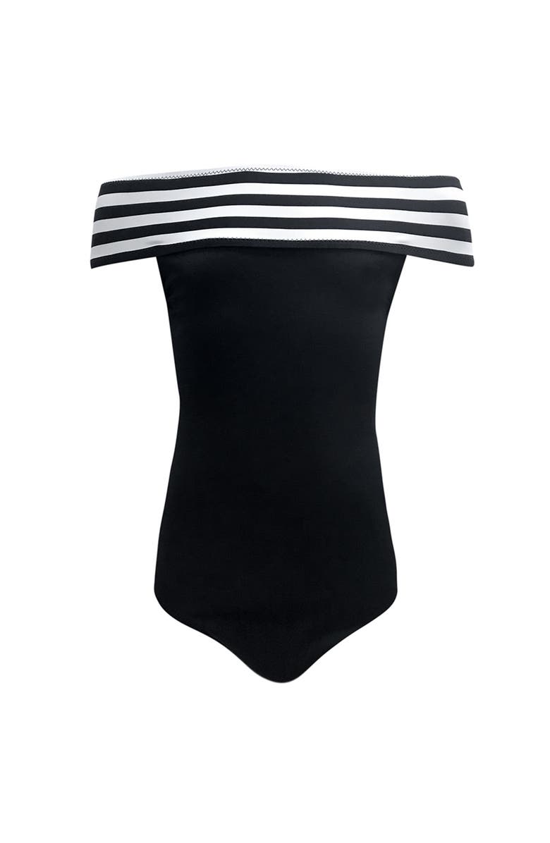 NESSI BYRD Striped Off-the-Shoulder Ribbed One-Piece Swimsuit, Little Kid-Big Kid, Main, color, Black