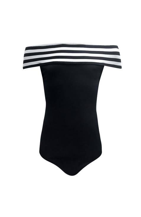 Striped Off-the-Shoulder Ribbed One-Piece Swimsuit, Little Kid-Big Kid