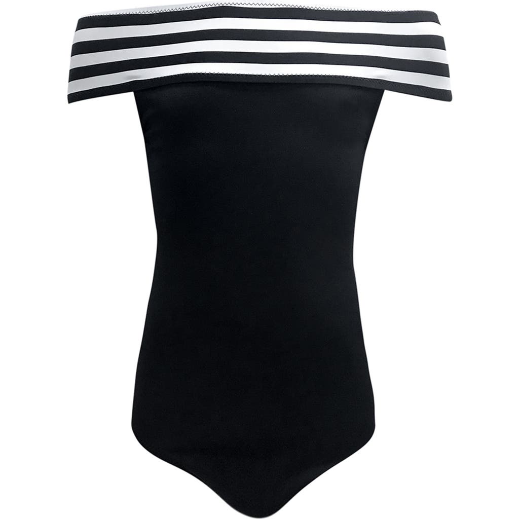 Nessi Byrd Striped Off-the-shoulder Ribbed One-piece Swimsuit, Little Kid-big Kid In Black