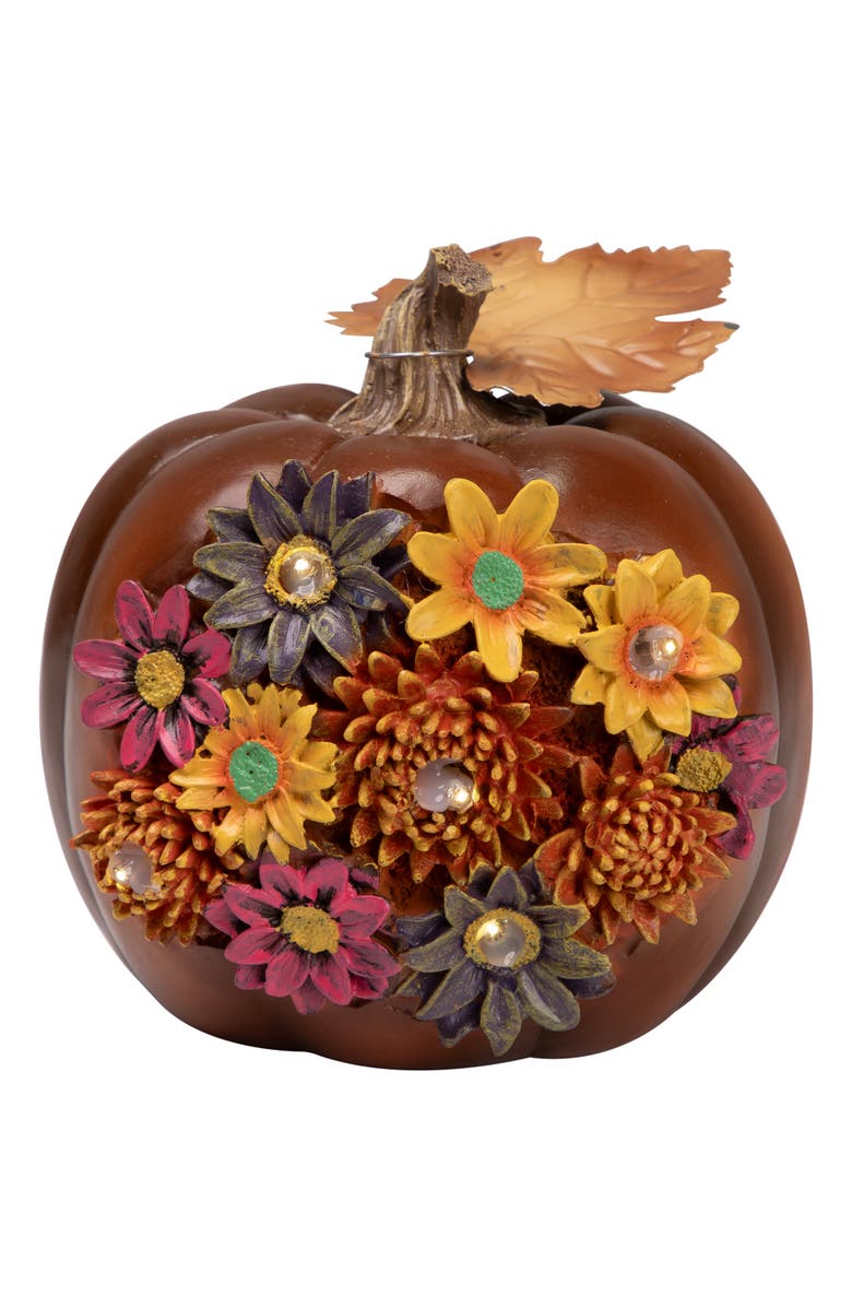 Northlight Solar Powered Floral Pumpkin Outdoor Fall Harvest Decoration - 7.25", Main, color, 