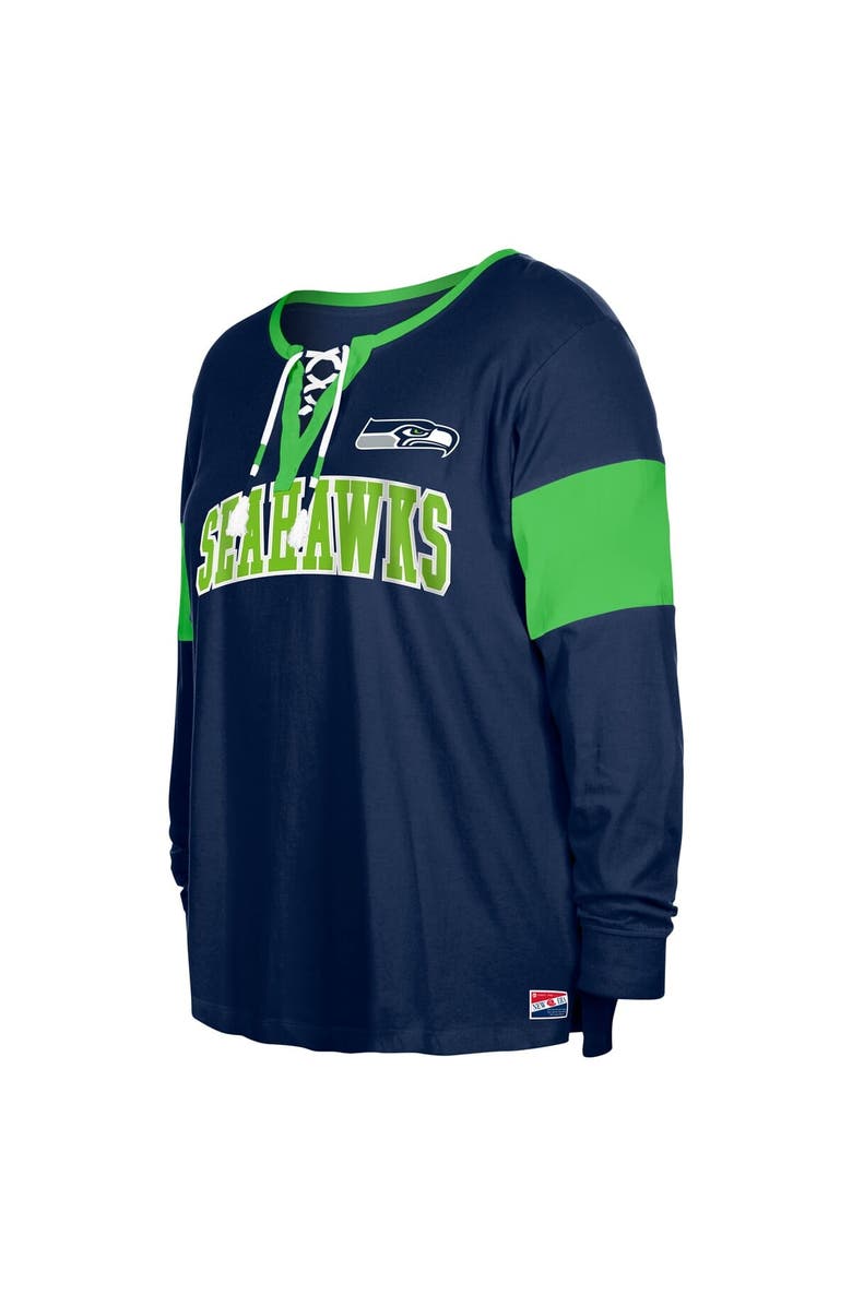 New Era Women's New Era College Navy Seattle Seahawks Plus Size Lace-Up Notch Neck Long Sleeve T-Shirt, Alternate, color, College Navy